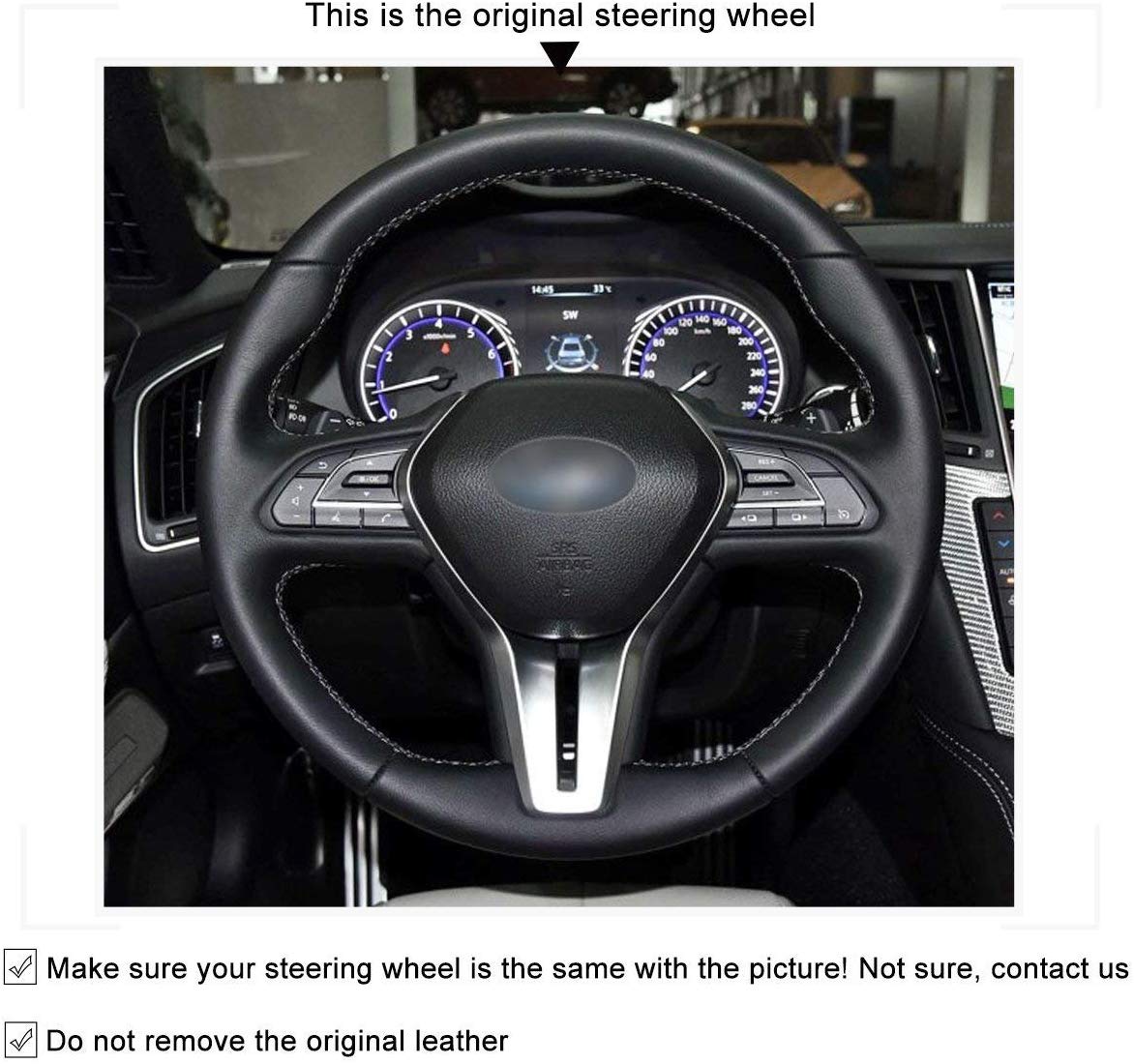 Loncky Auto Custom Fit OEM Black Genuine Leather Suede Car Steering Wheel Cover for Infiniti Q50